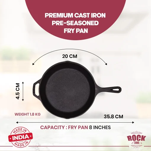 Pre Seasoned Frying Pan 8 inch / 1.1 Litre Cast Iron Skillet