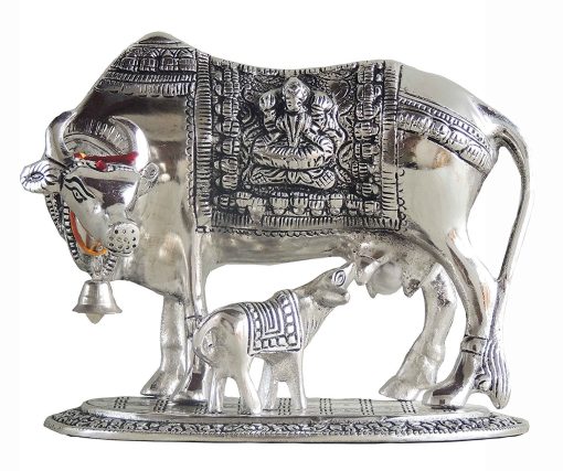 Lord Krishna''S Kamdhenu Cow With Calf White Metal Showpiece
