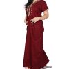 Women'S Cotton Embroidered Maxi Nightgown Maroon_Free Size Women's Cotton Embroidered Maxi Nightgown Maroon_Free Siz