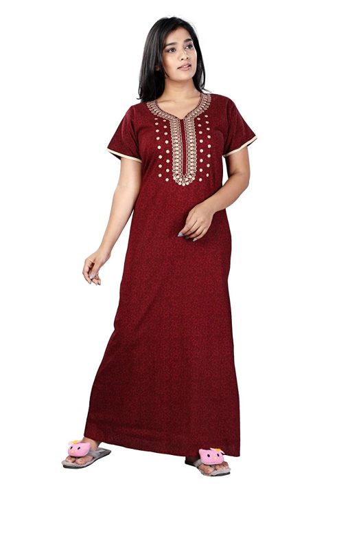 Women'S Cotton Embroidered Maxi Nightgown Maroon_Free Size Women's Rajasthani Cotton Printed Nighty Mustard Blue