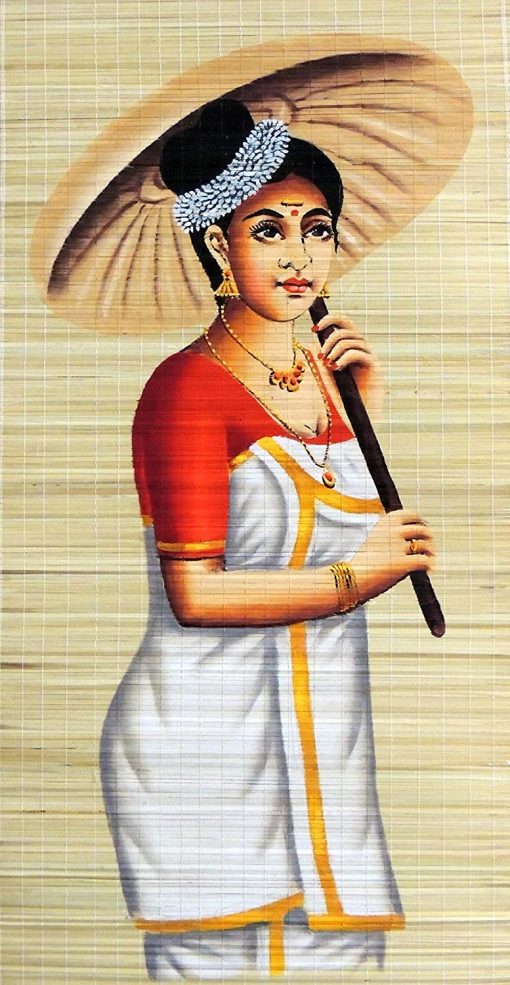 Traditional Lady Hand Painted Art Kerala On Woven Bamboo Mat For Wall Decor
