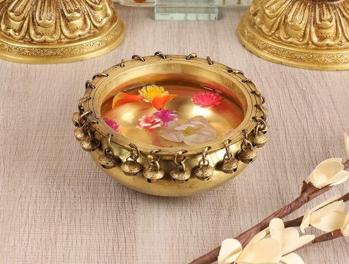 Brass Urli Traditional Bowl With Bells Showpiece Brass Urli Traditional Bowl With Bells Showpiece
