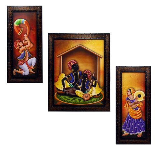 3 Pc Set Of Rajasthani Folk Music &Amp; Dance Paintings Without Glass 5.2 X 12.5
