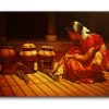 Classic Indian Lady Cooking Food Painting Unframed Canvas 36" X 24" Rajsthani Village Large Synthetic Framed Painting (14 Inch X 20 Inch)