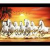 Seven Running Horses Vastu Wooden Framed Wall Painting 20x14 inches Krishna Arjuna Rath Chariot With 4 Horses Brass Showpiece