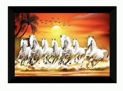 Seven Running Horses Vastu Wooden Framed Wall Painting 20x14 inches Krishna Arjuna Rath Chariot With 4 Horses Brass Showpiece