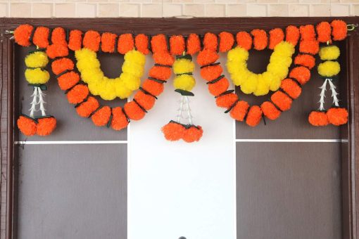Artificial Marigold Flowers Garlands Double line Door Toran for Main Door,Hanging Toran for Festive Decorations, Doorway Leaves toran (Orange &Yellow -Pack of 1) Artificial Marigold Flowers Garlands Double line Door Toran for Main Door