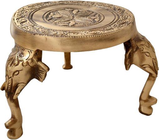 Elegant Brass Elephant Pillars Design Pooja Chowki, Bajot Elegant Brass Elephant Pillars Design Pooja Chowki