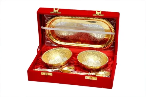 Traditional Indian Gold Brass Floral Bowl Gift Set - 100 Ml Pack Of 2 Traditional Indian Gold Brass Floral Bowl Gift Set - 100 Ml Pack Of 2
