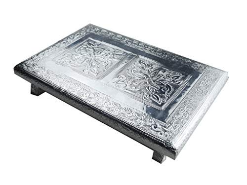 Aluminium Foil Designer Rectangle 12X8 Inches Bajot/Chowki/Peeta/Patla For Religious Purpose | Designed Beautifully In Wood Silver Rajwadi Work, Colour : Silver