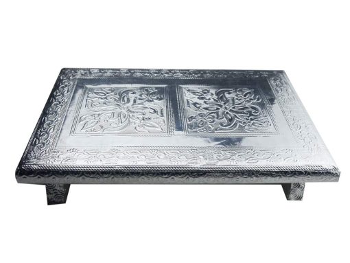 Aluminium Foil Designer Rectangle 12X8 Inches Bajot/Chowki/Peeta/Patla For Religious Purpose | Designed Beautifully In Wood Silver Rajwadi Work, Colour : Silver