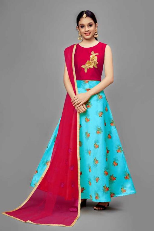 Girls Floral Print Lehenga Choli And Dupatta Set Ethnic Wear Blue Girls Floral Print Lehenga Choli And Dupatta Set Ethnic Wear Blue