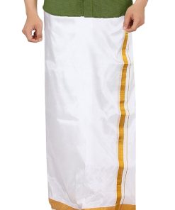 Cotton Mens Double Layer Art Silk White Veshti Dhoti (130 X 3. 60 Meter)