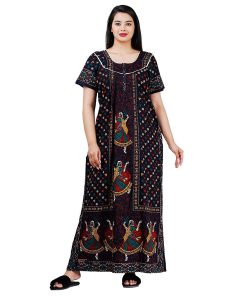 Women's Cotton Rajasthani Printed Nighty Black & Multicolor