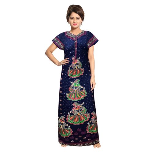Women'S Rajasthani Cotton Printed Nighty Mustard Blue Women's Rajasthani Cotton Printed Nighty Mustard Blue