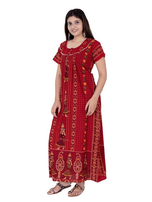 Nighties Women’S Cotton Rajasthani Printed Nighty Red & Multicolor ChennaiStore