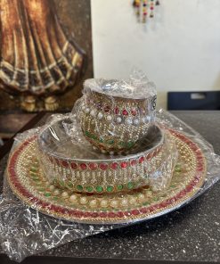 Stainless steel Karwa Chauth / karva / Karaka chaturthi 3 pieces Decorative pooja set (Thali size 12 inch)