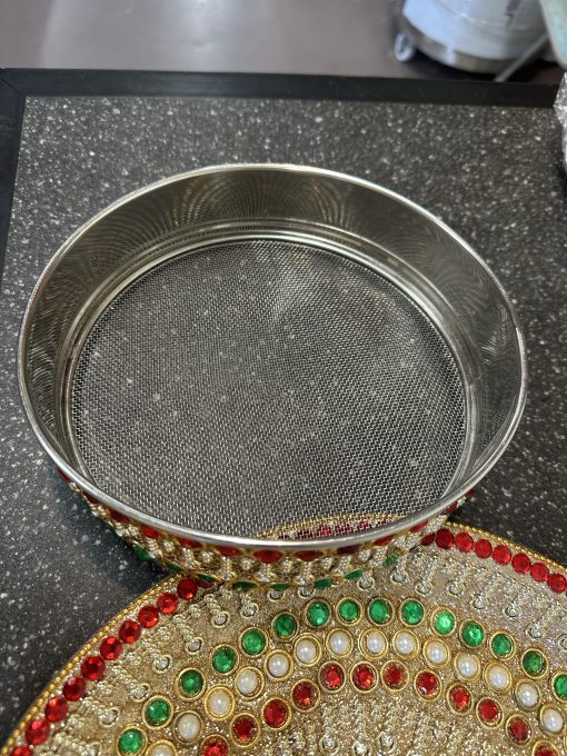 Stainless steel Karwa Chauth / karva / Karaka chaturthi 3 pieces Decorative pooja set (Thali size 12 inch)