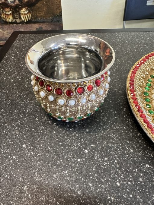 Stainless steel Karwa Chauth / karva / Karaka chaturthi 3 pieces Decorative pooja set (Thali size 12 inch)