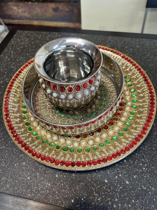 Stainless steel Karwa Chauth / karva / Karaka chaturthi 3 pieces Decorative pooja set (Thali size 12 inch)