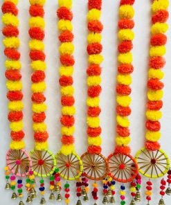 Artificial Marigold Fluffy Flowers with Velvet Pom Pom/Gota/Beads and Golden Bell Dream Catcher Wall hangings