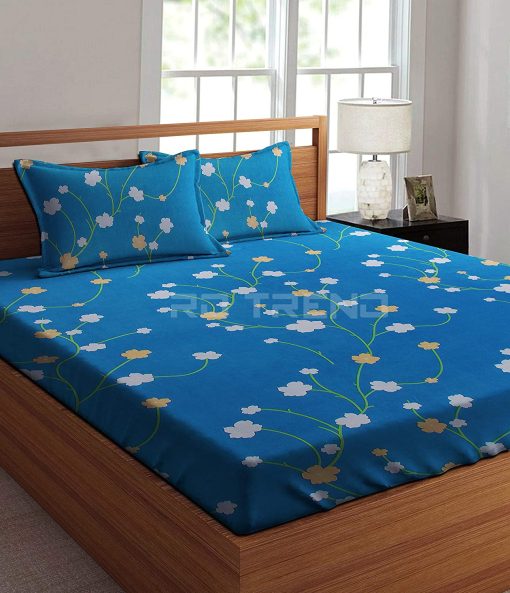 Glace Cotton Elastic Fitted Double Bedsheet With 2 Pillow Covers