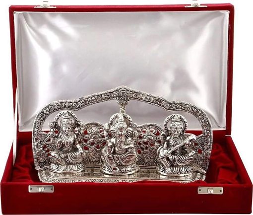 Laxmi Ganesh Saraswati Idol (Murti) in Velvet Silver Plated