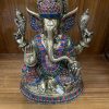 Heavy Brass Ganesha / Ganpati / Vinayakar Statue with Decorative Stone Work Heavy Brass Ganesha Statue