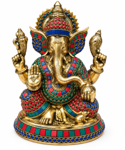 Heavy Brass Ganesha Ganpati Vinayakar Statue with Decorative Stone Work