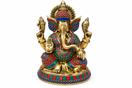 Heavy Brass Ganesha / Ganpati / Vinayakar Statue with Decorative Stone Work Heavy Brass Ganesha Ganpati Vinayakar Statue with Decorative Stone Work