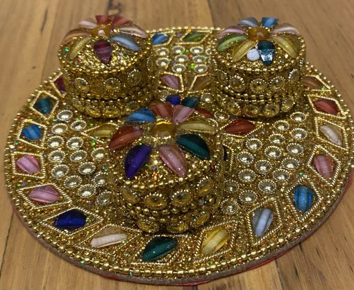 Meena Work Designer Haldi Kumkum Chandan Roli Chawal Holder Rakhi Pooja Thali Return Gift - Pack Of 1 Meena Work Designer Haldi Kumkum Chandan Roli Chawal Holder Rakhi Pooja Thali Return Gift - Pack Of 1