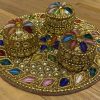 Meena Work Designer Haldi Kumkum Chandan Roli Chawal Holder Rakhi Pooja Thali Return Gift - Pack Of 1 Meena Work Designer Haldi Kumkum Chandan Roli Chawal Holder Rakhi Pooja Thali Return Gift - Pack Of 1