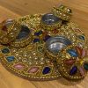 Meena Work Designer Haldi Kumkum Chandan Roli Chawal Holder Rakhi Pooja Thali Return Gift - Pack Of 1 Meena Work Designer Haldi Kumkum Chandan Roli Chawal Holder Rakhi Pooja Thali Return Gift - Pack Of 1