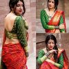 Women'S Banarasi Silk Patola Saree With Blouse Piece - Green And Red WomenS Banarasi Silk Patola Saree With Blouse Piece - Green And Red