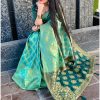 WomenS Jacquard Cotton Silk Blend Banarasi Bandhani Fusion Saree With Blouse Piece - Pistah Green