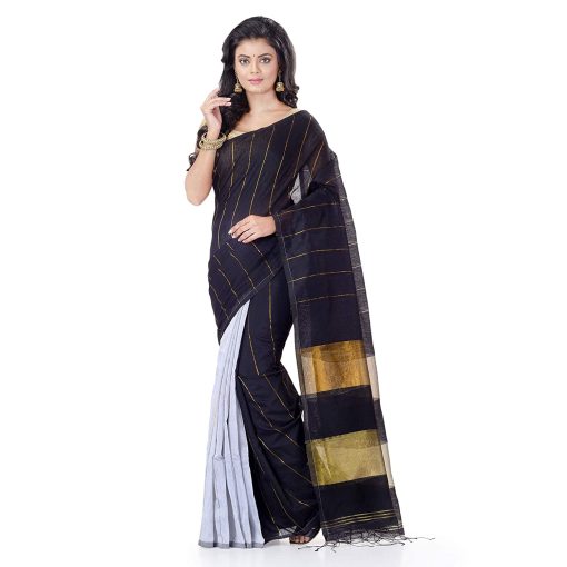 Women'S Handloom Cotton Silk Zari Saree With Blouse Piece - Black WomenS Handloom Cotton Silk Zari Saree With Blouse Piece - Black