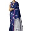 Women'S Banarasi Silk Saree With Unstitched Blouse Piece - Blue WomenS Jacquard Cotton Silk Blend Banarasi Bandhani Fusion Saree With Blouse Piece - Pistah Green