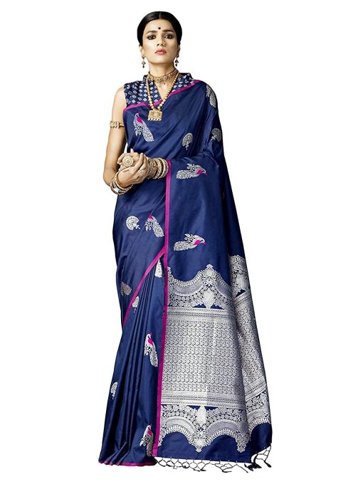 WomenS Banarasi Silk Saree With Unstitched Blouse Piece - Blue
