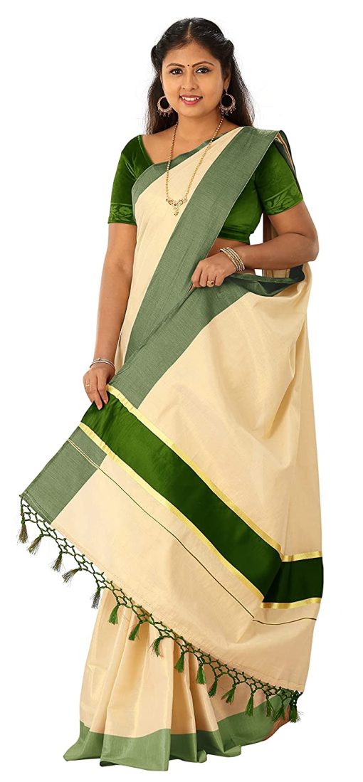 Womens Kuthampully Flora Tissue Saree With Fancy Border And Tassels (Kunchalam) With Blouse Piece Womens Kuthampully Flora Tissue Saree With Fancy Border And Tassels (Kunchalam) With Blouse Piece