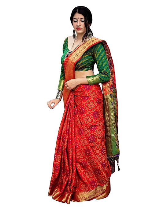 Women'S Banarasi Silk Patola Saree With Blouse Piece - Green And Red WomenS Banarasi Silk Patola Saree With Blouse Piece - Green And Red