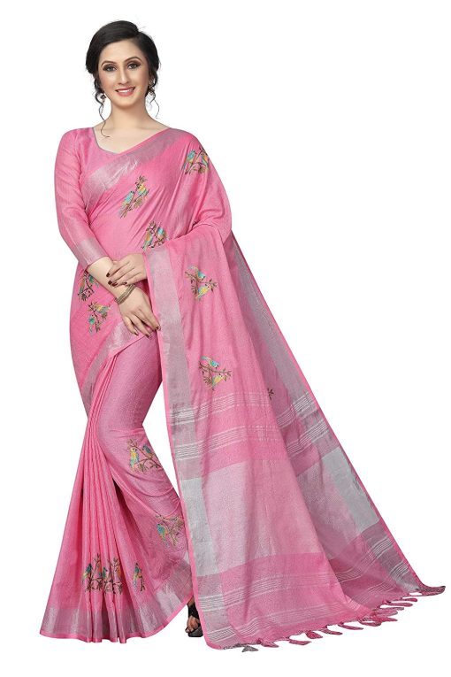 Women'S Linen Saree With Blouse Piece - Pink WomenS Linen Saree With Blouse Piece - Pink