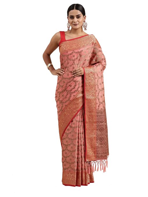 WomenS Chanderi Cotton Silk Saree With Unstitched Blouse - Pink