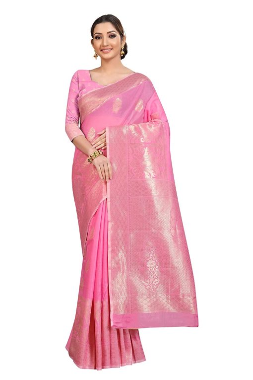 WomenS Jamdani Cotton Woven Silk Saree With Blouse Piece - Pink