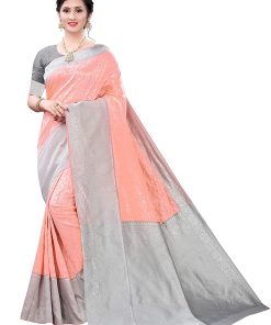 Women'S Banarasi Silk Saree With Blouse Piece - Peach And Grey