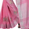 Women'S Linen Saree With Blouse Piece - Pink WomenS Linen Saree With Blouse Piece - Pink