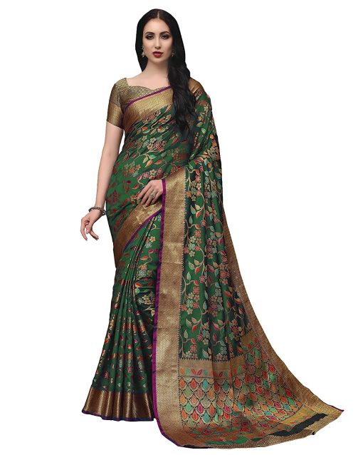WomenS Kanjivaram Silk Saree With Blouse Piece - Dark Green