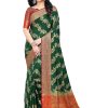 Women'S Kanchipuram Silk Blend Saree With Blouse Piece - Green WomenS Banarasi Silk Patola Saree With Blouse Piece - Green And Red