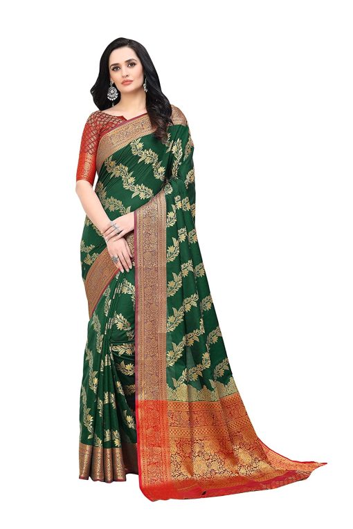 Women'S Kanchipuram Silk Blend Saree With Blouse Piece - Green WomenS Kanchipuram Silk Blend Saree With Blouse Piece - Green