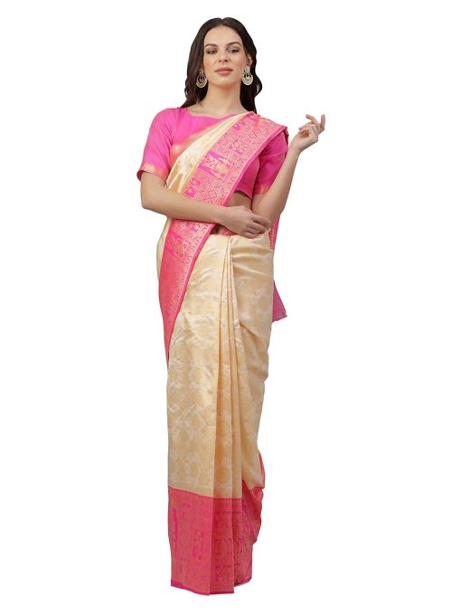 Kanchipuram Banarasi Silk Woven Jacquard Saree with Blouse Piece- Pink
