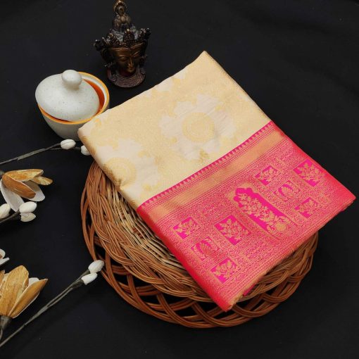 Kanchipuram Banarasi Silk Woven Jacquard Saree with Blouse Piece- Pink